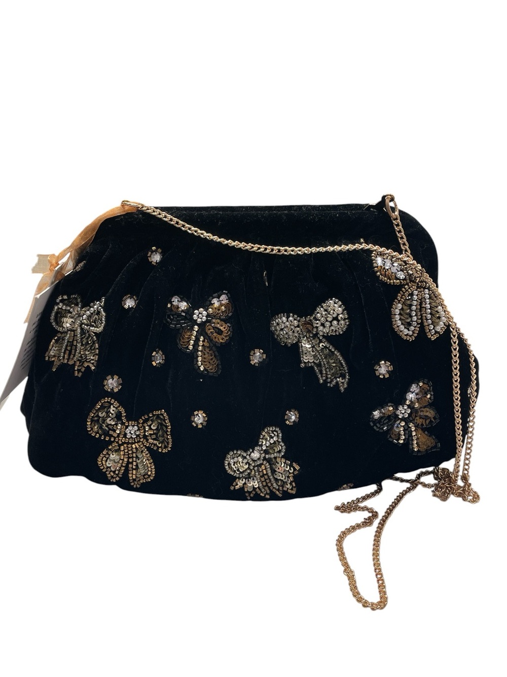 Velvet Black and Gold Beaded Evening Bag Clutch or Gold Shoulder Chain NWT